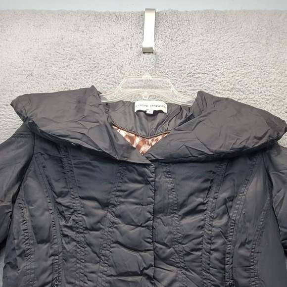 Steve Madden Puffer Jacket Womens Large Black Leopard Print Lined Cropped Ruched - Picture 6 of 8